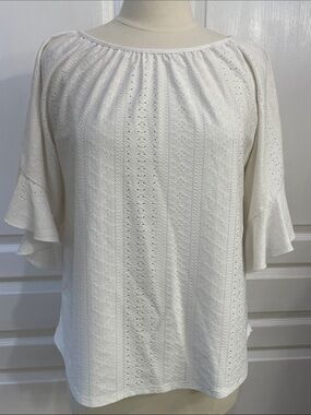 Greige Women's White Eyelet Ruffle Sleeve Top